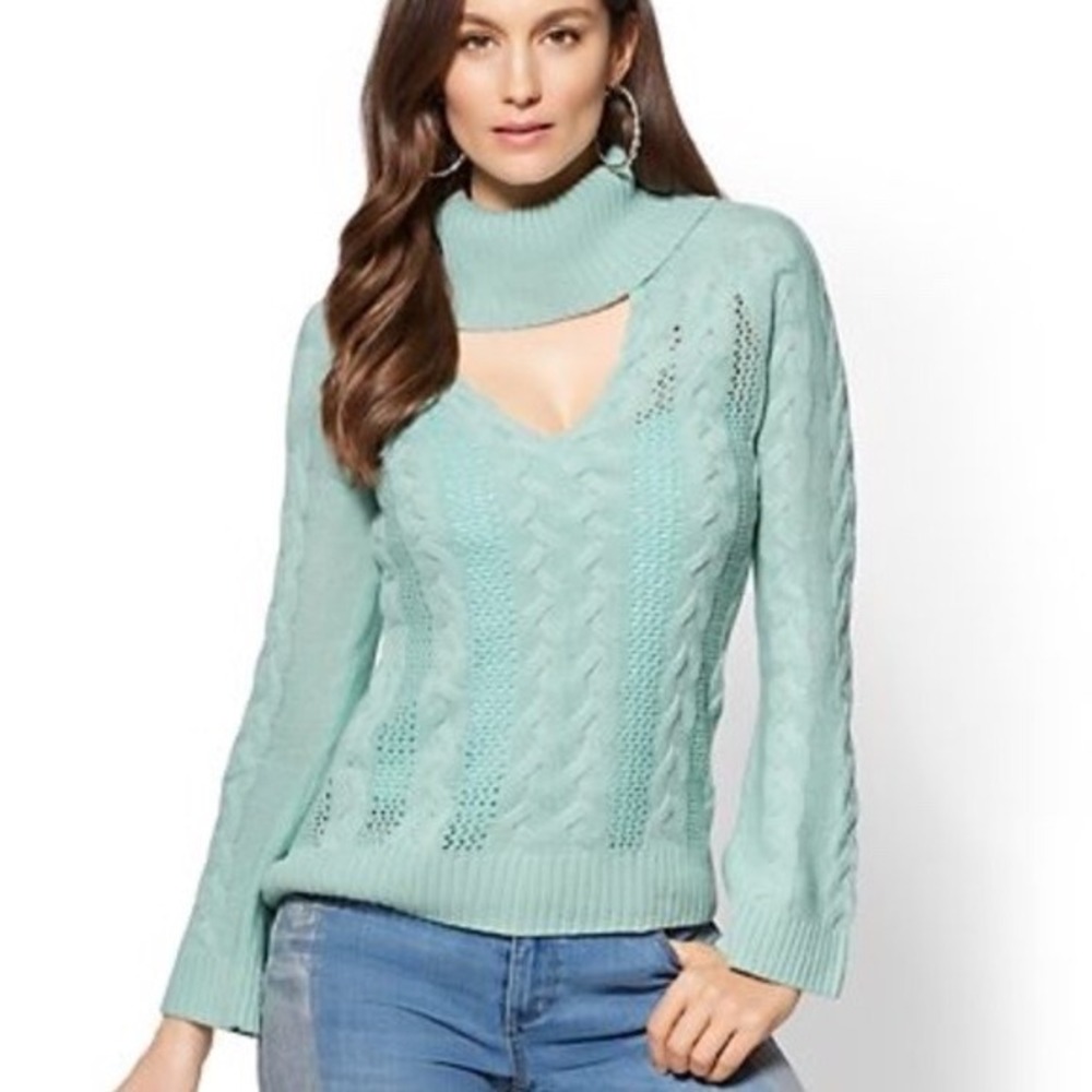 NY Collection Mint Green Cable Knit Cowl Neck Cutout Sweater Medium